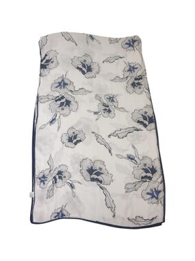 100% Silk Blue White Floral Scarf Long Lightweight Elegant Wrap 53x170cm